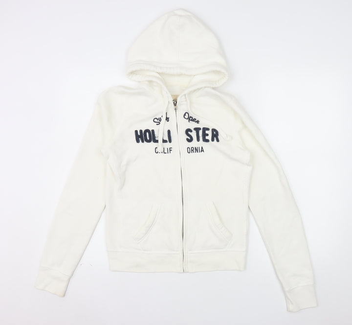Hollister Women’s White Full Zip Hoodie Medium Cotton Blend Embroidered
