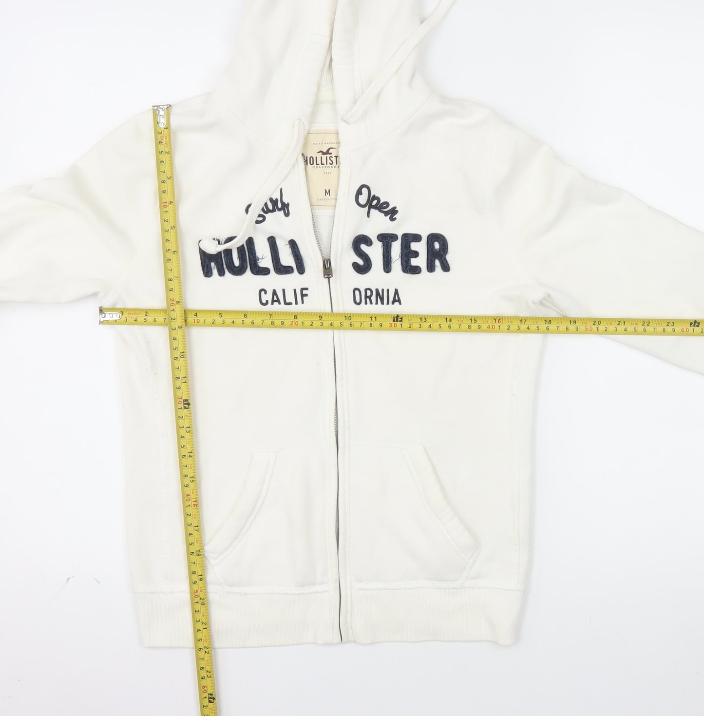 Hollister Women’s White Full Zip Hoodie Medium Cotton Blend Embroidered