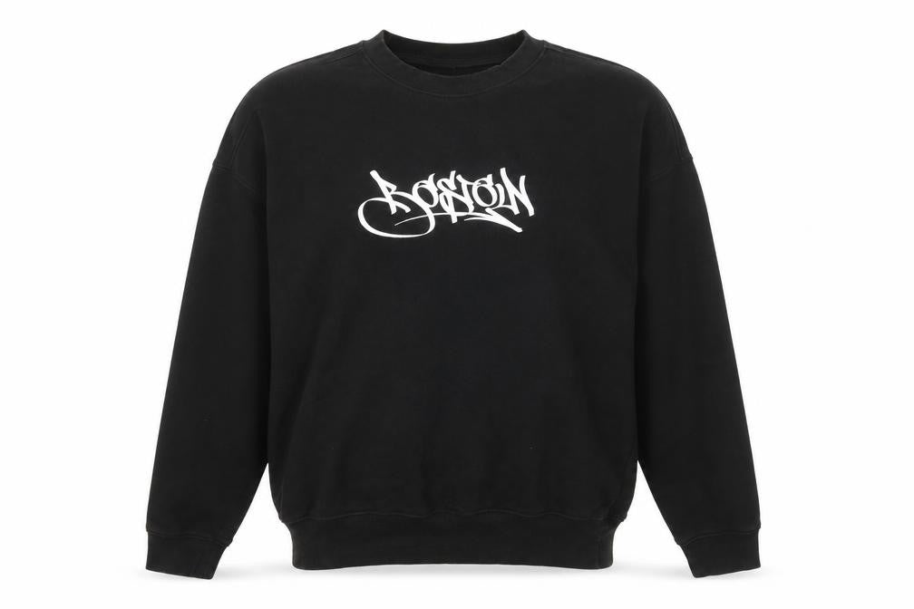 Front view of H&M Men's Black Oversized Graffiti Print Boston Sweatshirt, size S