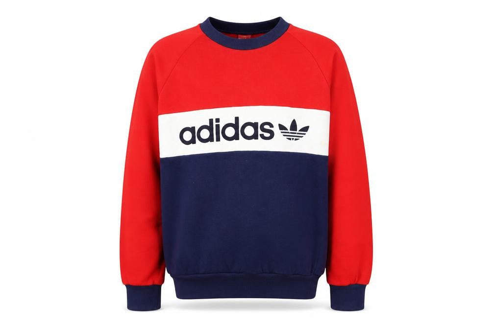 Front view of Adidas men’s multicoloured retro logo pullover sweatshirt, size S