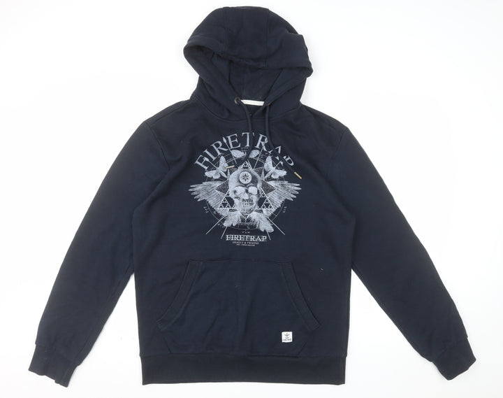 Firetrap Mens Black Pullover Hoodie M Graphic Print Cotton Blend