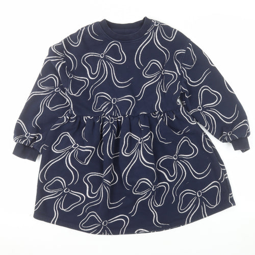 Marks and Spencer Girls Blue Bow Print Long Sleeve Jersey Dress 7-8 Years