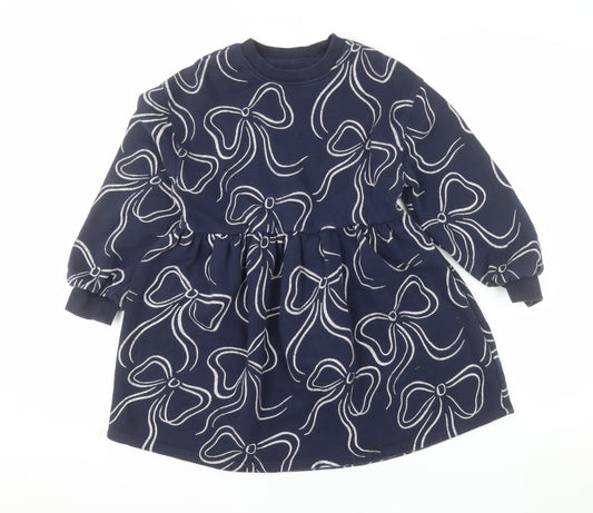 Marks and Spencer Girls Blue Bow Print Long Sleeve Jersey Dress 7-8 Years