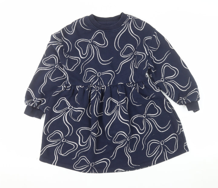 Marks and Spencer Girls Blue Bow Print Long Sleeve Jersey Dress 7-8 Years