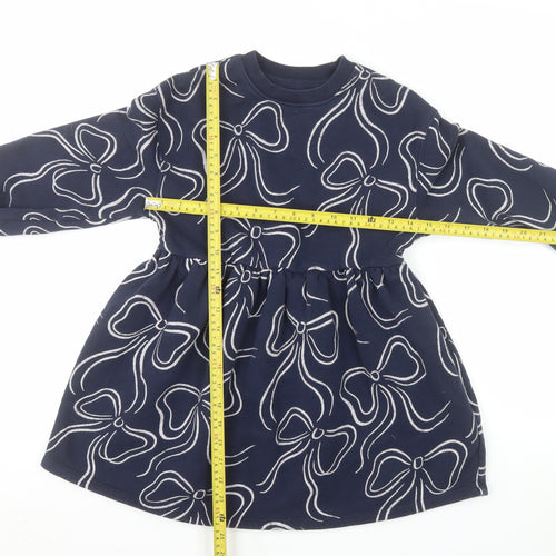 Marks and Spencer Girls Blue Bow Print Long Sleeve Jersey Dress 7-8 Years