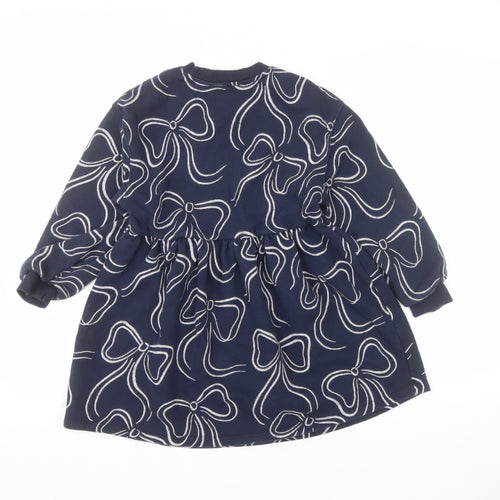 Marks and Spencer Girls Blue Bow Print Long Sleeve Jersey Dress 7-8 Years
