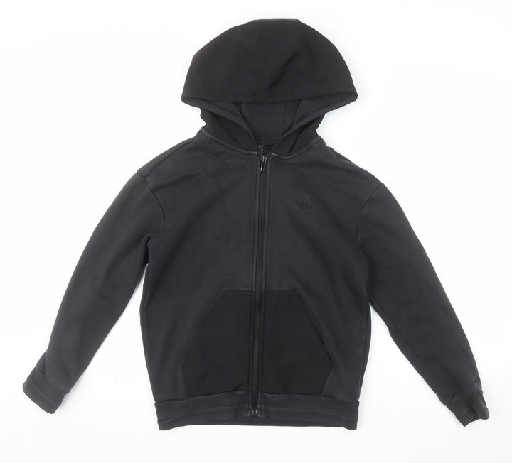 adidas Boys Black Full Zip Hoodie 11-12 Years Regular Fit Hooded Sweatshirt