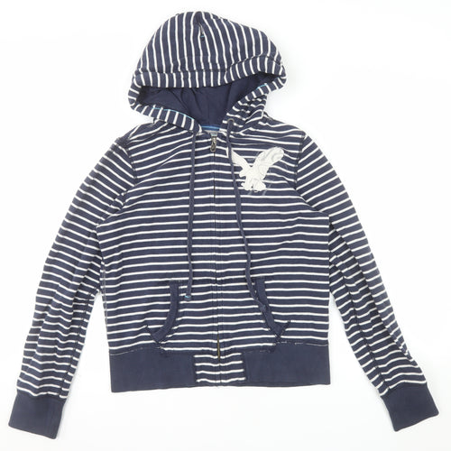 American Eagle Outfitters Women Navy Blue Striped Full Zip Hoodie Size M