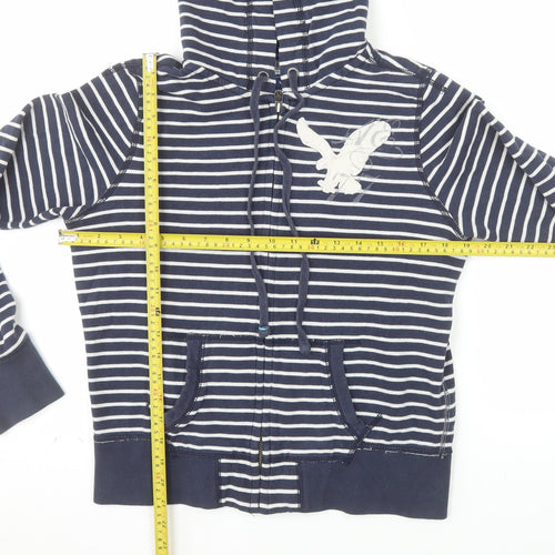 American Eagle Outfitters Women Navy Blue Striped Full Zip Hoodie Size M