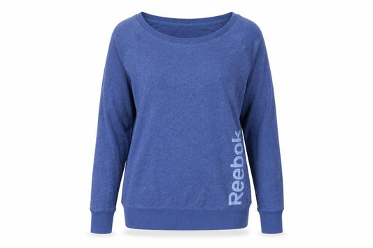 Front view of Reebok Women Blue Medium Pullover Sweatshirt Cotton Blend Logo Print