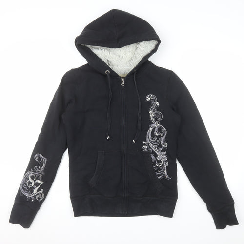 Aeropostale Womens Black Embellished Full Zip Hoodie M Lined Fur Sweatshirt