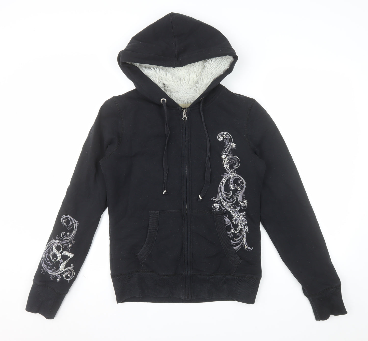 Aeropostale Womens Black Embellished Full Zip Hoodie M Lined Fur Sweatshirt