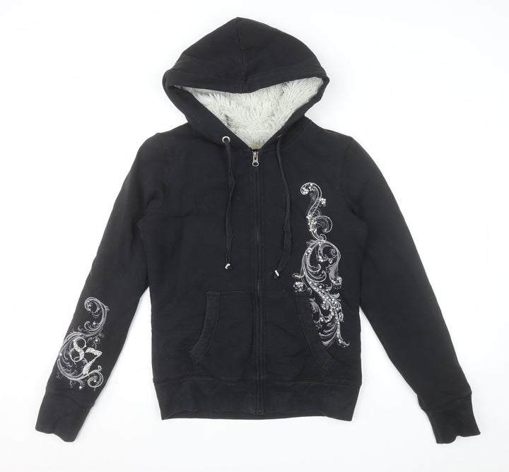 Aeropostale Womens Black Embellished Full Zip Hoodie M Lined Fur Sweatshirt