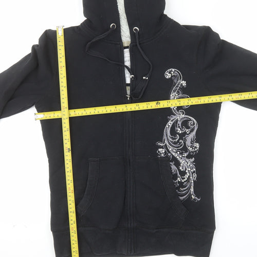 Aeropostale Womens Black Embellished Full Zip Hoodie M Lined Fur Sweatshirt