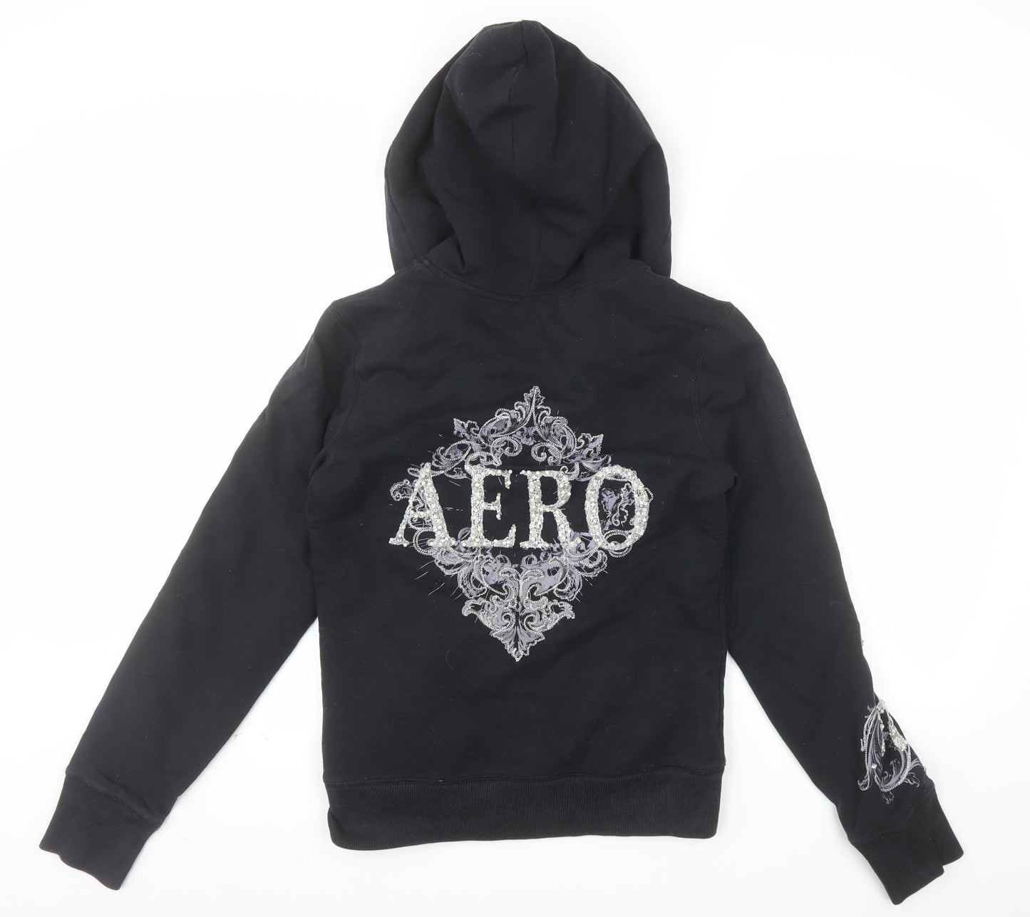 Aeropostale Womens Black Embellished Full Zip Hoodie M Lined Fur Sweatshirt