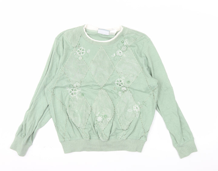 Alfred Dunner Petite Green Embroidered Argyle Long Sleeve Sweatshirt PM