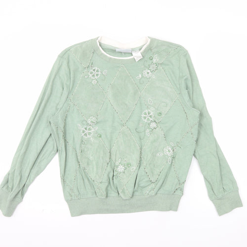 Alfred Dunner Petite Green Embroidered Argyle Long Sleeve Sweatshirt PM