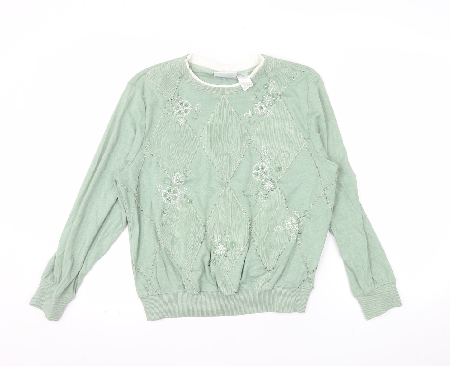 Alfred Dunner Petite Green Embroidered Argyle Long Sleeve Sweatshirt PM
