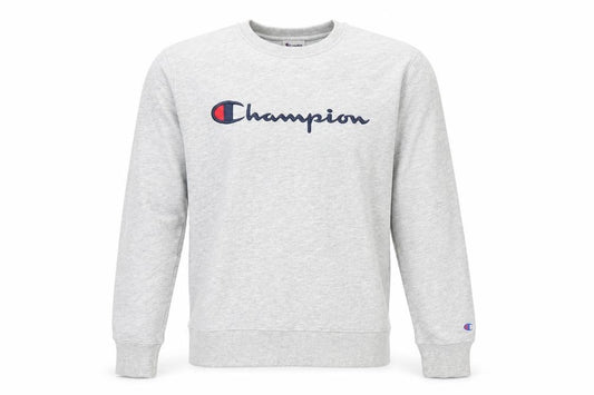 Front view of Champion Men's Grey Crew Neck Logo Sweatshirt, size L