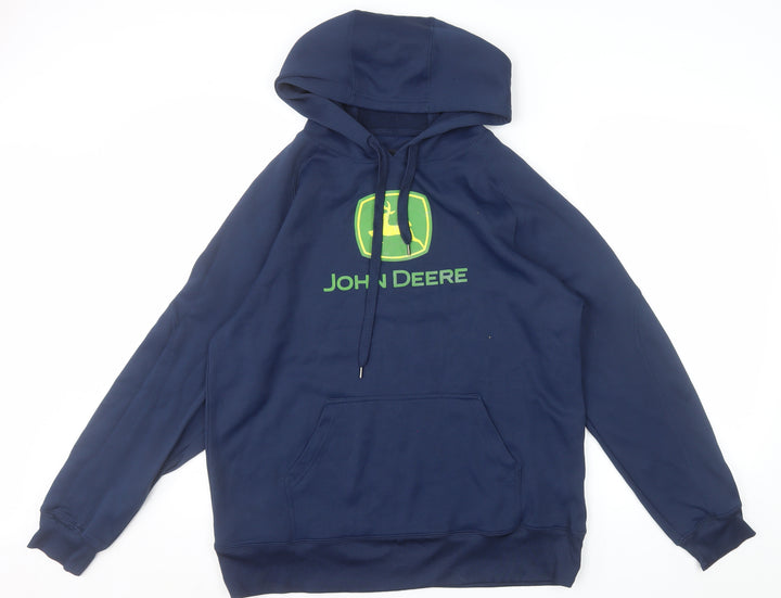 John Deere Mens Blue Pullover Hoodie L Logo Outdoor Fleece
