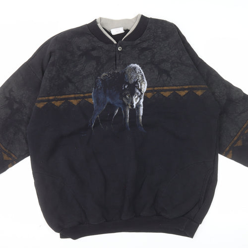 Artisans Sunschein Designs Men’s Black Wolf Graphic Henley Sweatshirt XL
