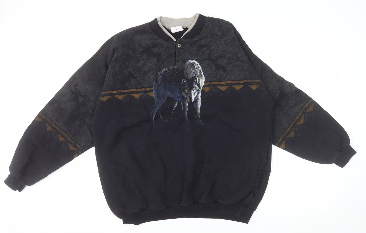 Artisans Sunschein Designs Men’s Black Wolf Graphic Henley Sweatshirt XL