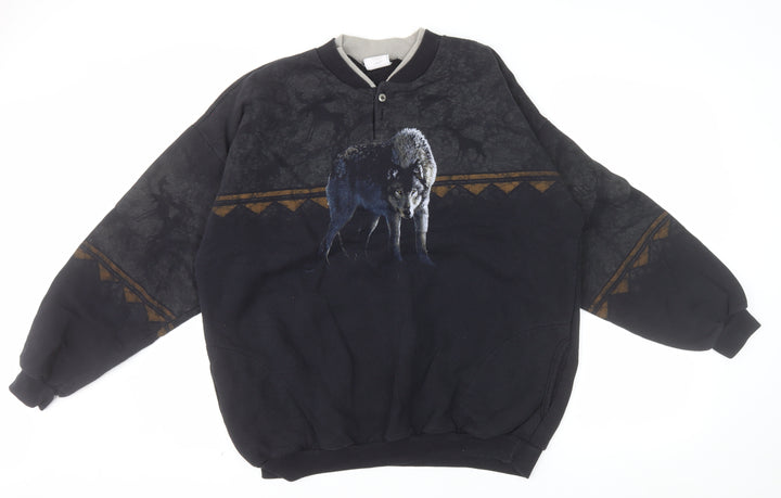 Artisans Sunschein Designs Men’s Black Wolf Graphic Henley Sweatshirt XL