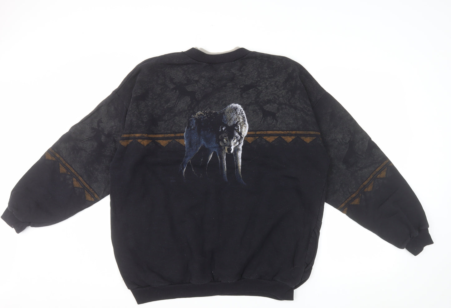 Artisans Sunschein Designs Men’s Black Wolf Graphic Henley Sweatshirt XL