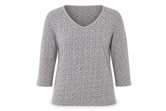 Front view of Trespass Women Grey Polka Dot V-Neck 3/4 Sleeve Cotton Blend T-Shirt M