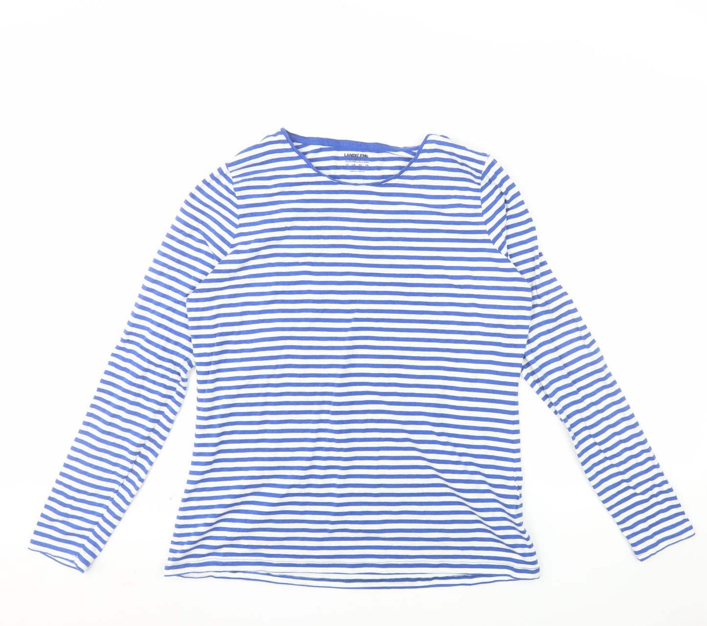 Lands' End Women's Blue White Striped Long Sleeve Cotton Blend T-Shirt L