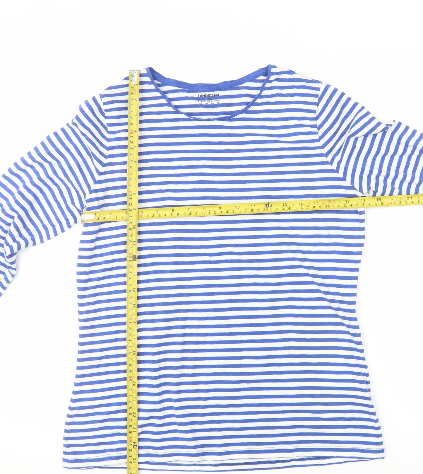 Lands' End Women's Blue White Striped Long Sleeve Cotton Blend T-Shirt L