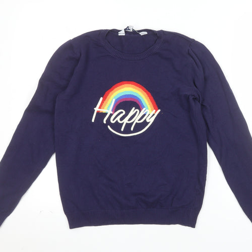 Harkel Women's Blue Rainbow Happy Crew Neck Cotton Jumper Size 8