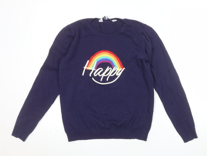 Harkel Women's Blue Rainbow Happy Crew Neck Cotton Jumper Size 8