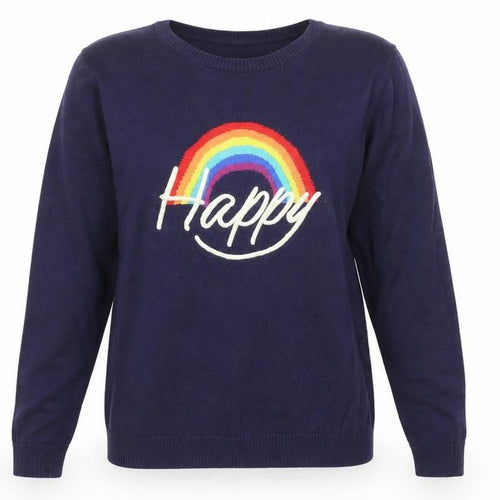 Harkel Women's Blue Rainbow Happy Crew Neck Cotton Jumper Size 8
