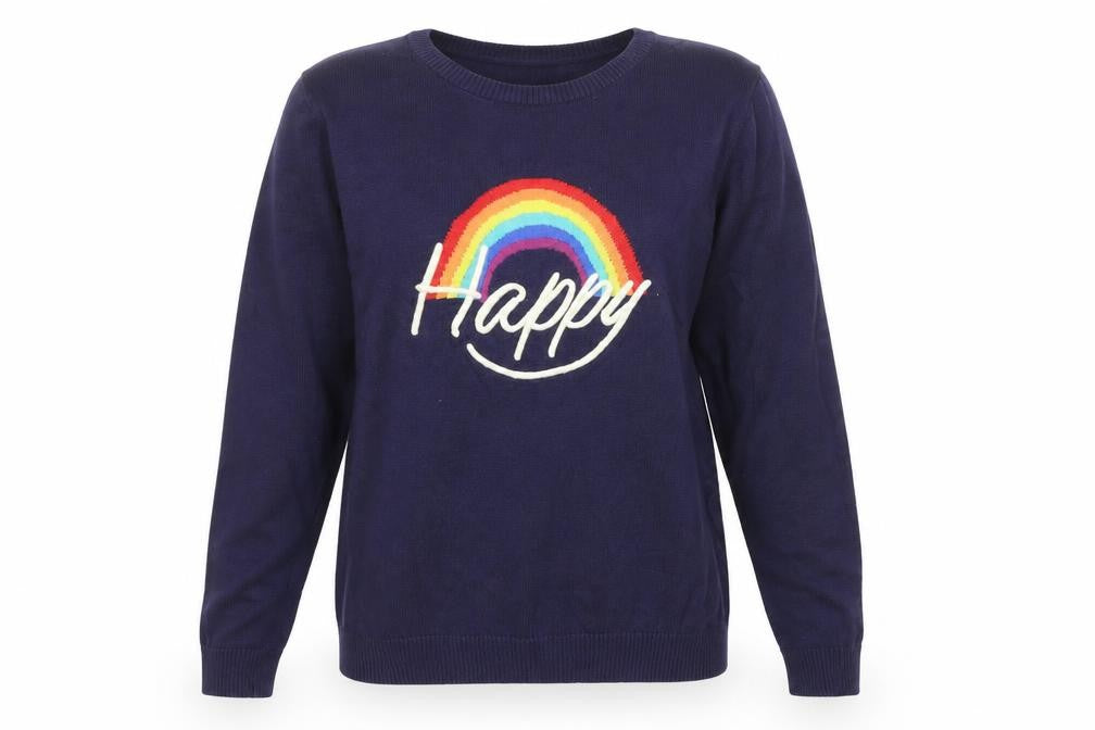 Harkel Women's Blue Rainbow Happy Crew Neck Cotton Jumper Size 8