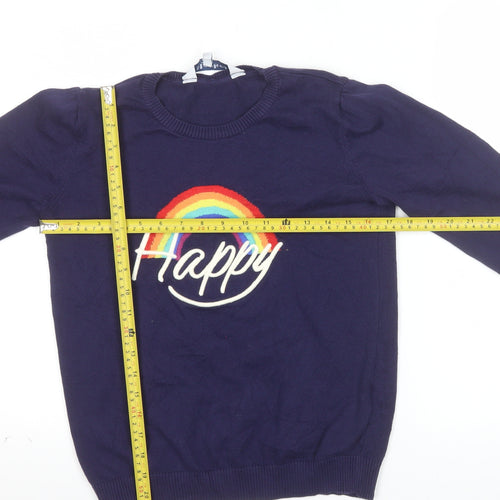 Harkel Women's Blue Rainbow Happy Crew Neck Cotton Jumper Size 8