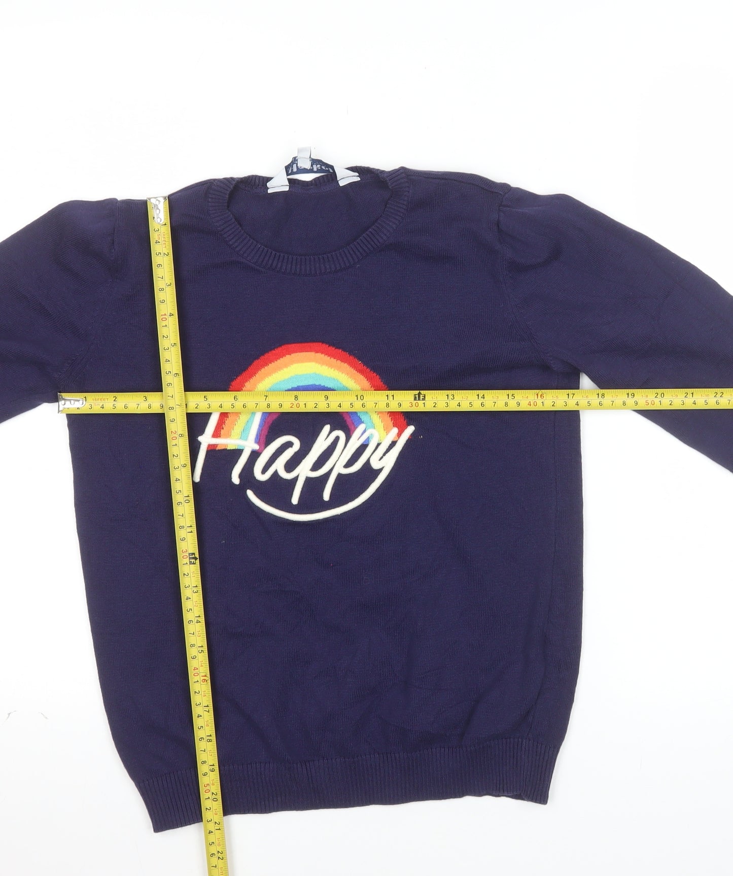 Harkel Women's Blue Rainbow Happy Crew Neck Cotton Jumper Size 8