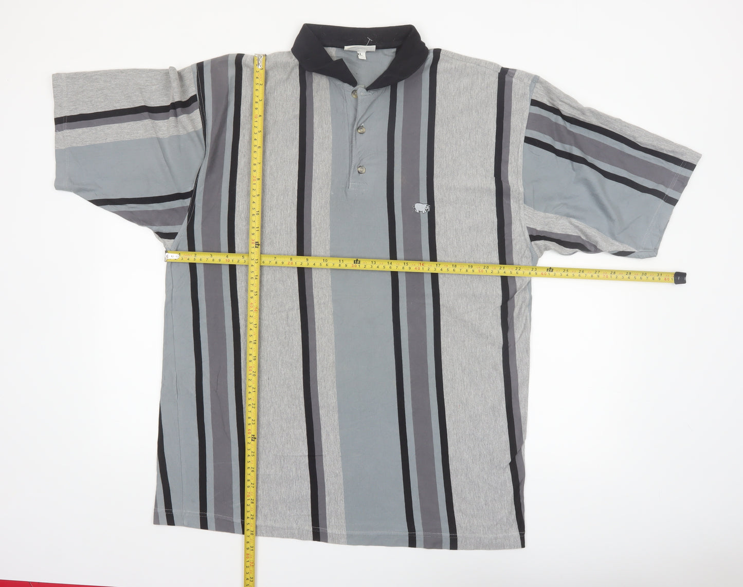 Hippo Men’s Grey Striped Cotton Polo Shirt XL Casual