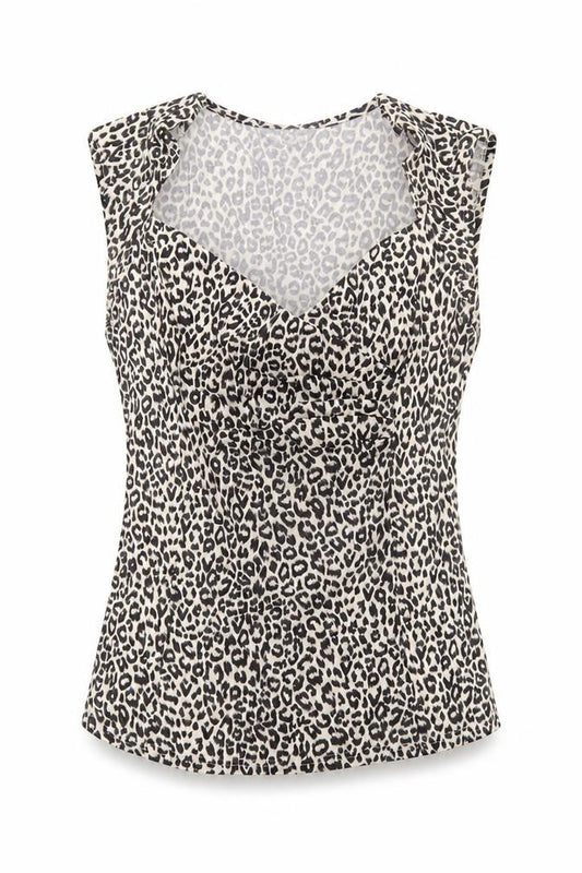 Front view of Dorothy Perkins Women’s Beige Leopard Print Sleeveless Wrap Blouse, size UK 14