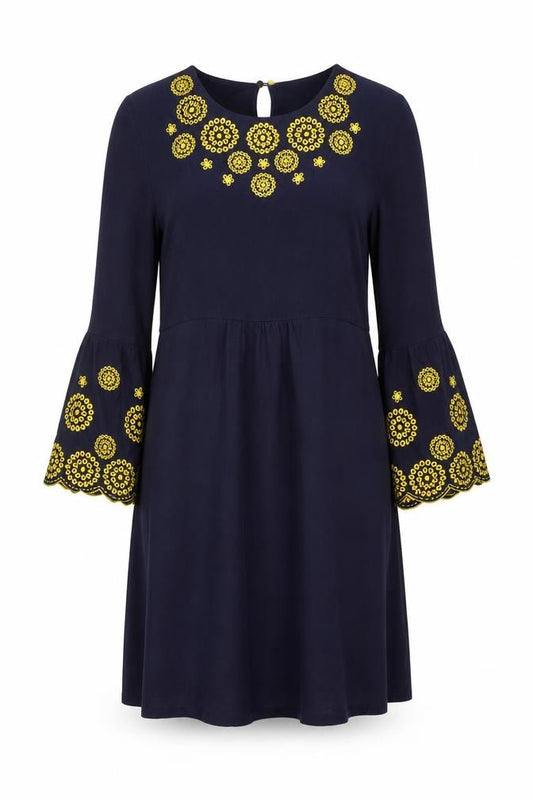 Front view of Boden Women's Blue Embroidered A-Line Long Sleeve Dress, size 10