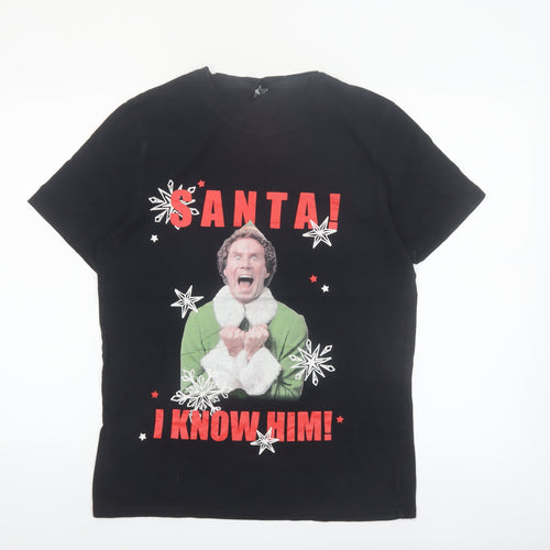 Elf Men's Black Christmas Graphic T-Shirt Size M Funny Santa Design