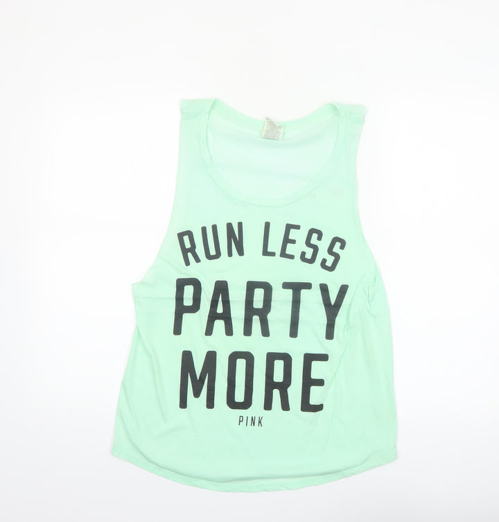 Victoria's Secret Pink Women's Green Tank Top M 'Run Less Party More'