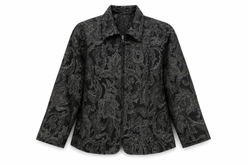 BonWorth Women’s Grey Paisley Zip Jacket L Classic Mid-Length
