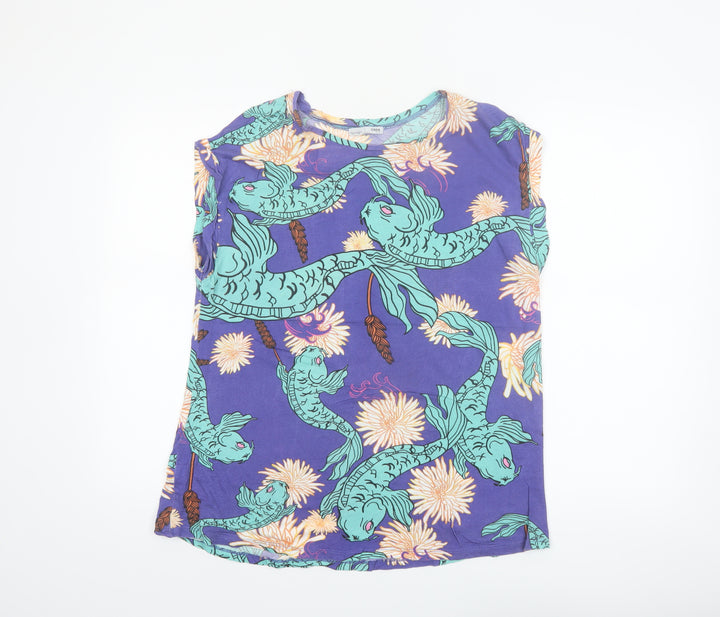 Zara Women Blue Fish Print Sleeveless Cotton T-Shirt Size 8