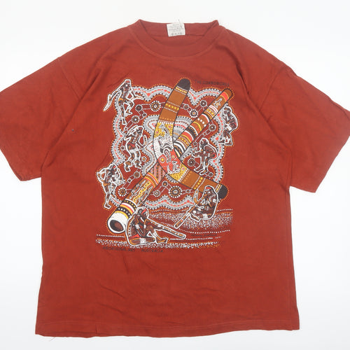Authentic Aboriginal Art Men's Rust Cotton Graphic T-Shirt Size L