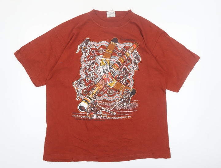 Authentic Aboriginal Art Men's Rust Cotton Graphic T-Shirt Size L