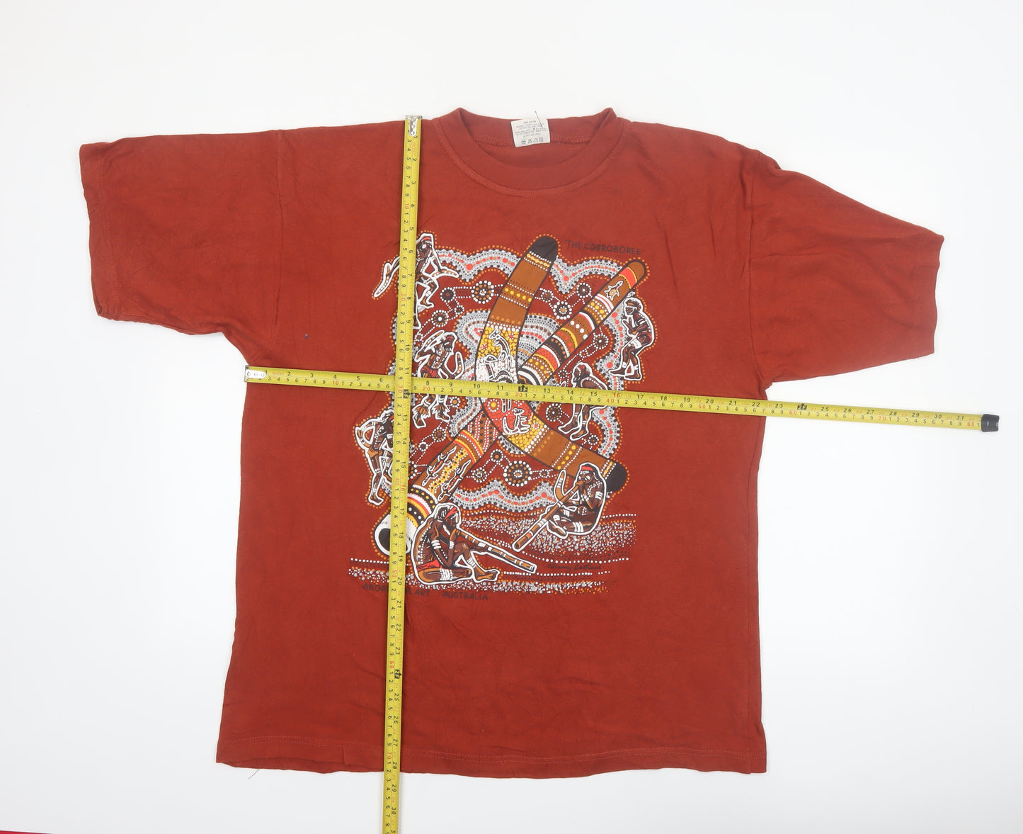 Authentic Aboriginal Art Men's Rust Cotton Graphic T-Shirt Size L