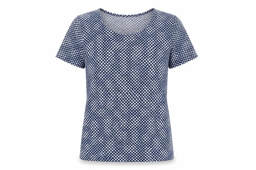 Front view of Kate Lilly women’s blue geometric jersey t-shirt, size UK 22