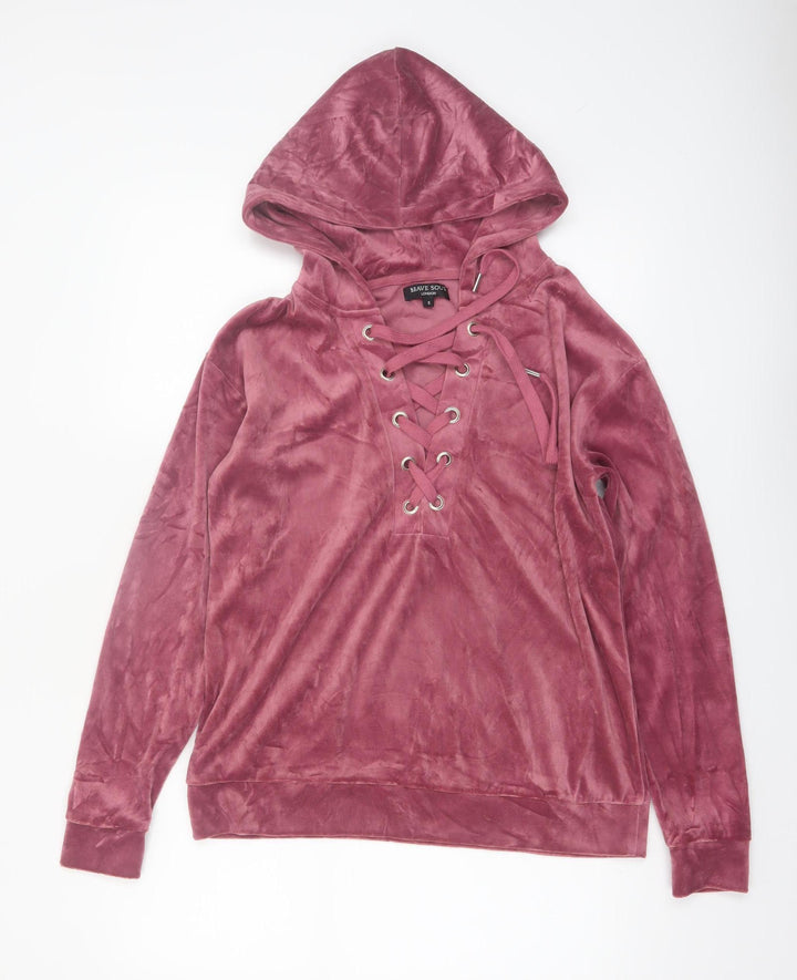 Brave Soul Women's Pink Lace Up Velvet Hoodie Size S