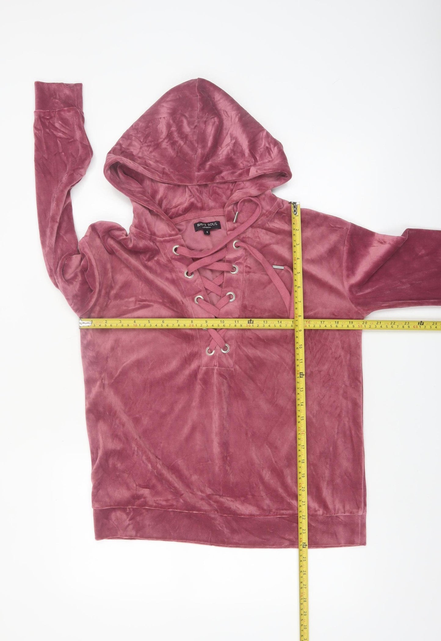 Brave Soul Women's Pink Lace Up Velvet Hoodie Size S
